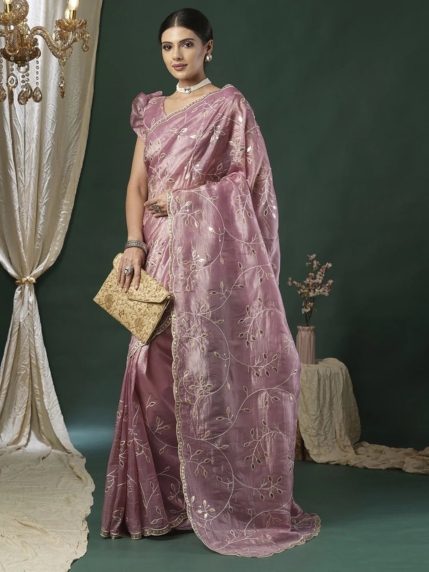 Mauve Party Wear Paper Silk Embroidered Saree - The Dori Store