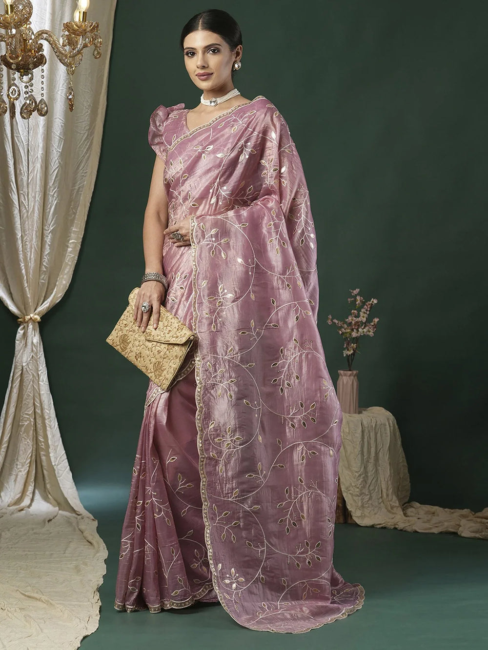 Mauve Party Wear Paper Silk Embroidered Saree - The Dori Store