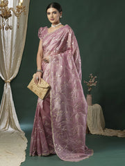 Mauve Party Wear Paper Silk Embroidered Saree - The Dori Store