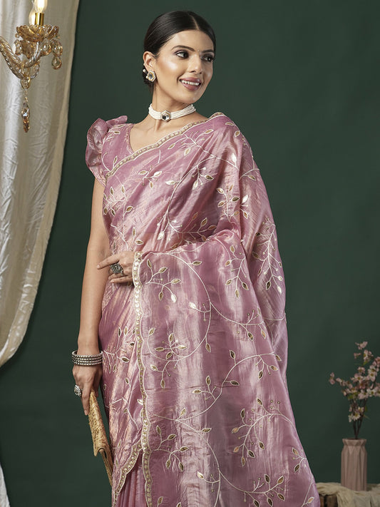 Pink Mauve Party Wear Paper Silk Embroidered Saree