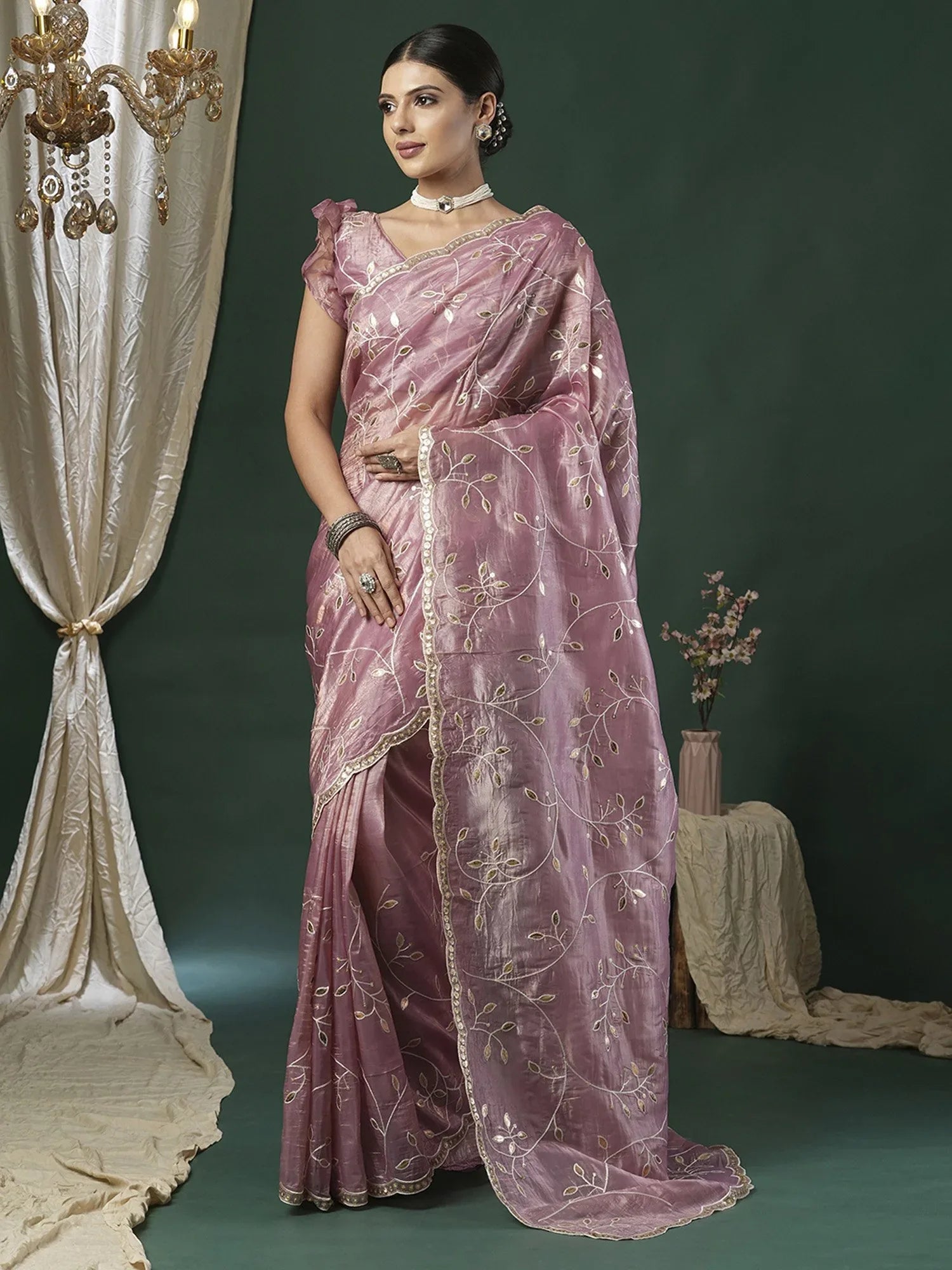 Mauve Party Wear Paper Silk Embroidered Saree - The Dori Store
