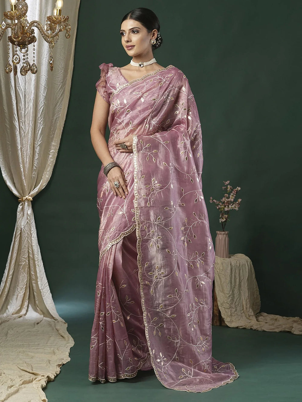 Mauve Party Wear Paper Silk Embroidered Saree - The Dori Store