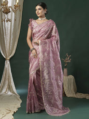 Mauve Party Wear Paper Silk Embroidered Saree - The Dori Store