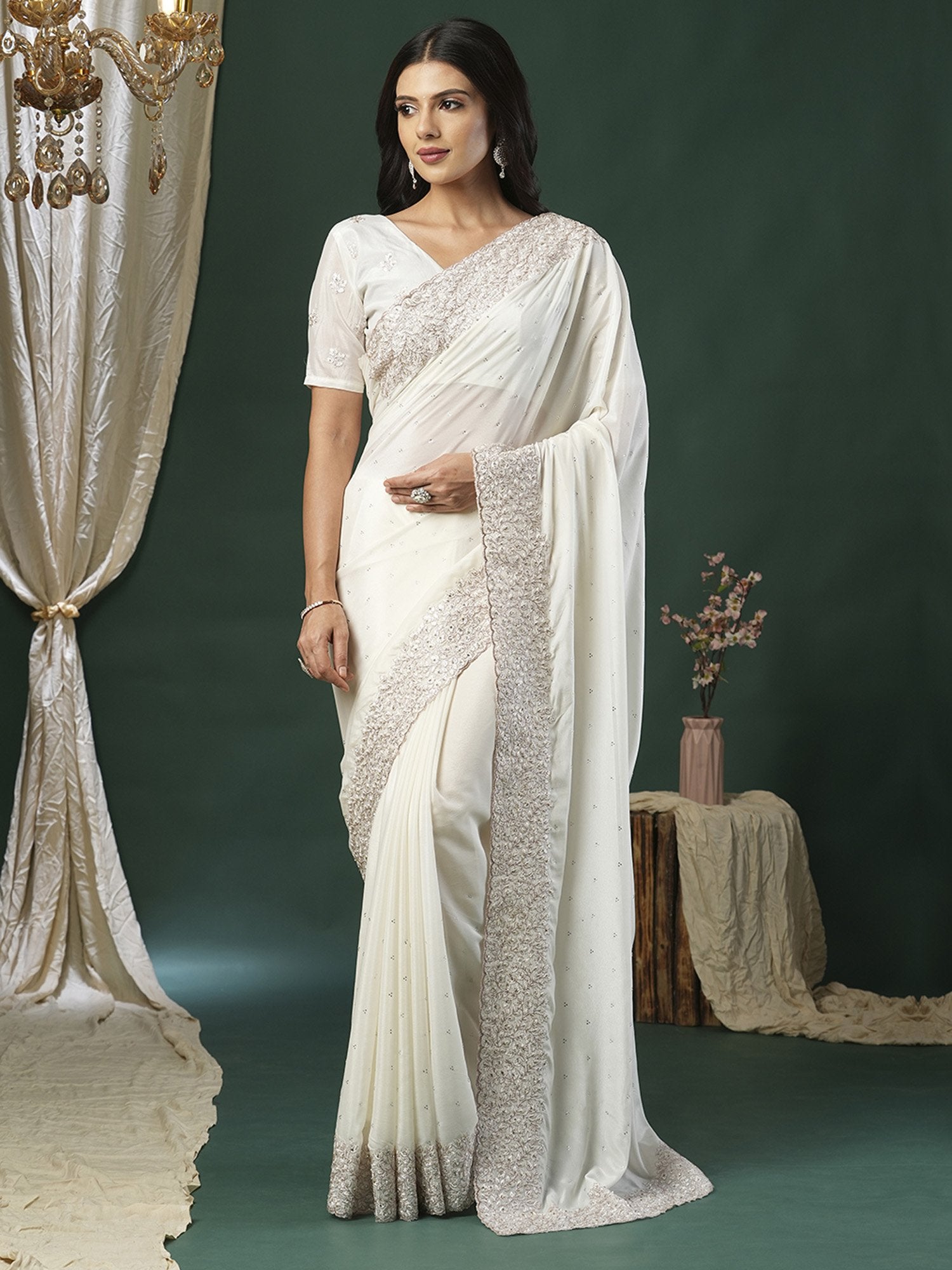 Off White Party Wear Satin Silk Embroidered Saree