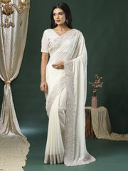 Off White Party Wear Satin Silk Embroidered Saree
