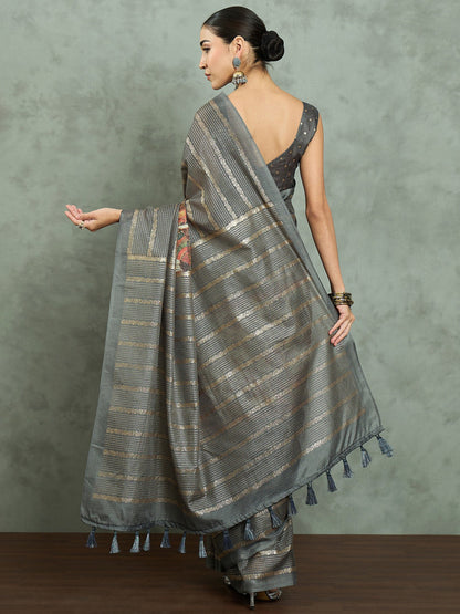 Grey Block Print Kota Doria Cotton Printed Saree