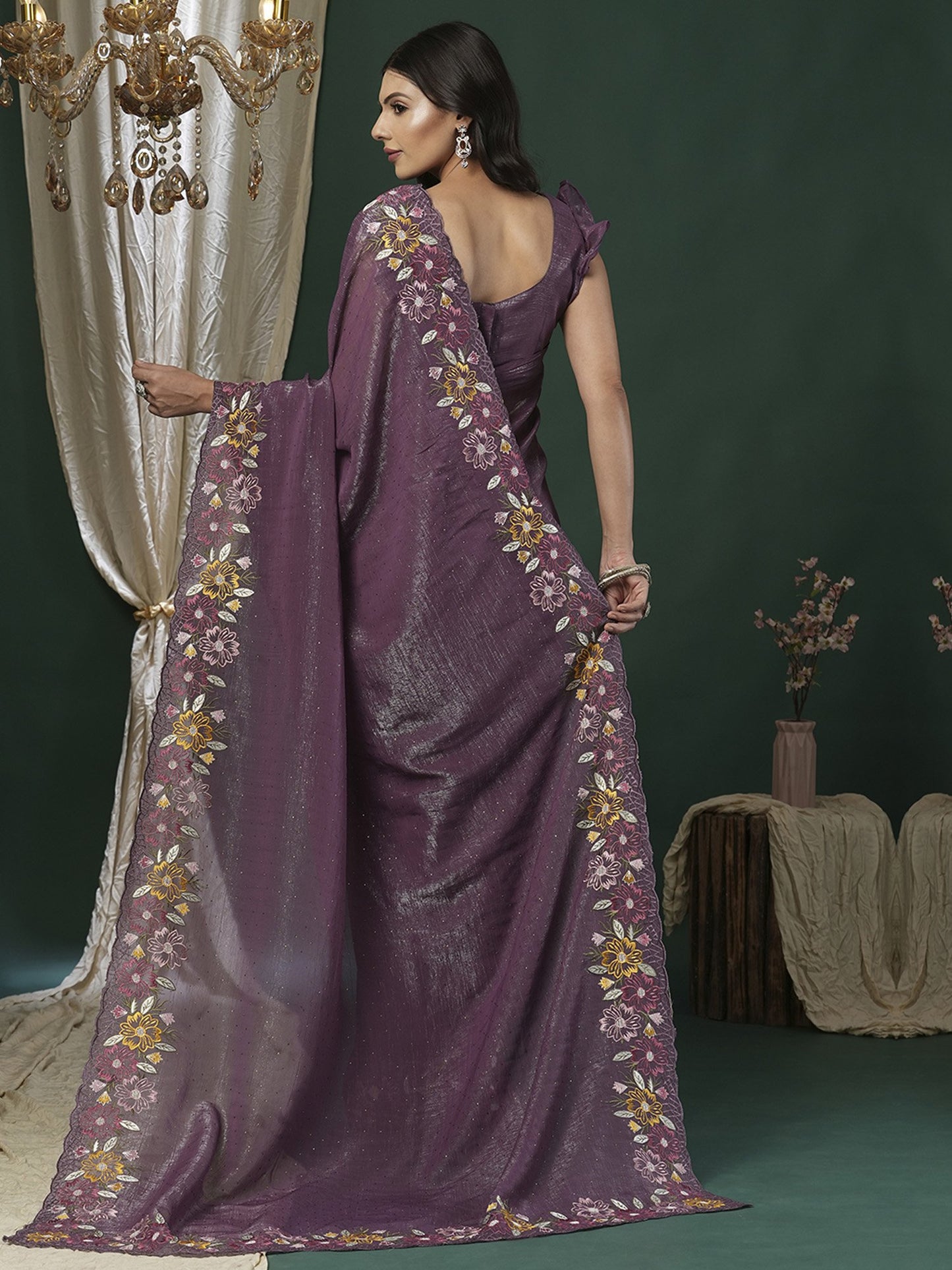 Purple Party Wear Paper Silk Embroidered Saree