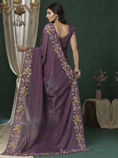Purple Party Wear Paper Silk Embroidered Saree