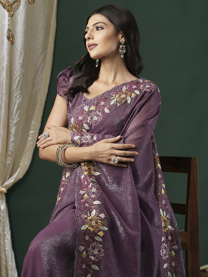 Purple Party Wear Paper Silk Embroidered Saree