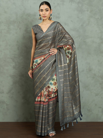 Grey Grey Block Print Kota Doria Cotton Printed Saree