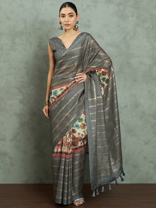 Grey Grey Block Print Kota Doria Cotton Printed Saree