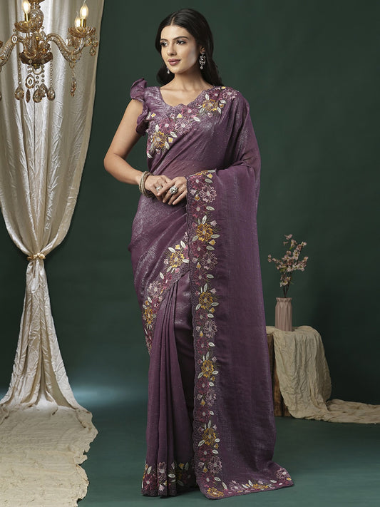 Purple Purple Party Wear Paper Silk Embroidered Saree