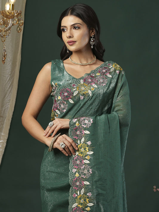 Green Sea Party Wear Paper Silk Embroidered Saree