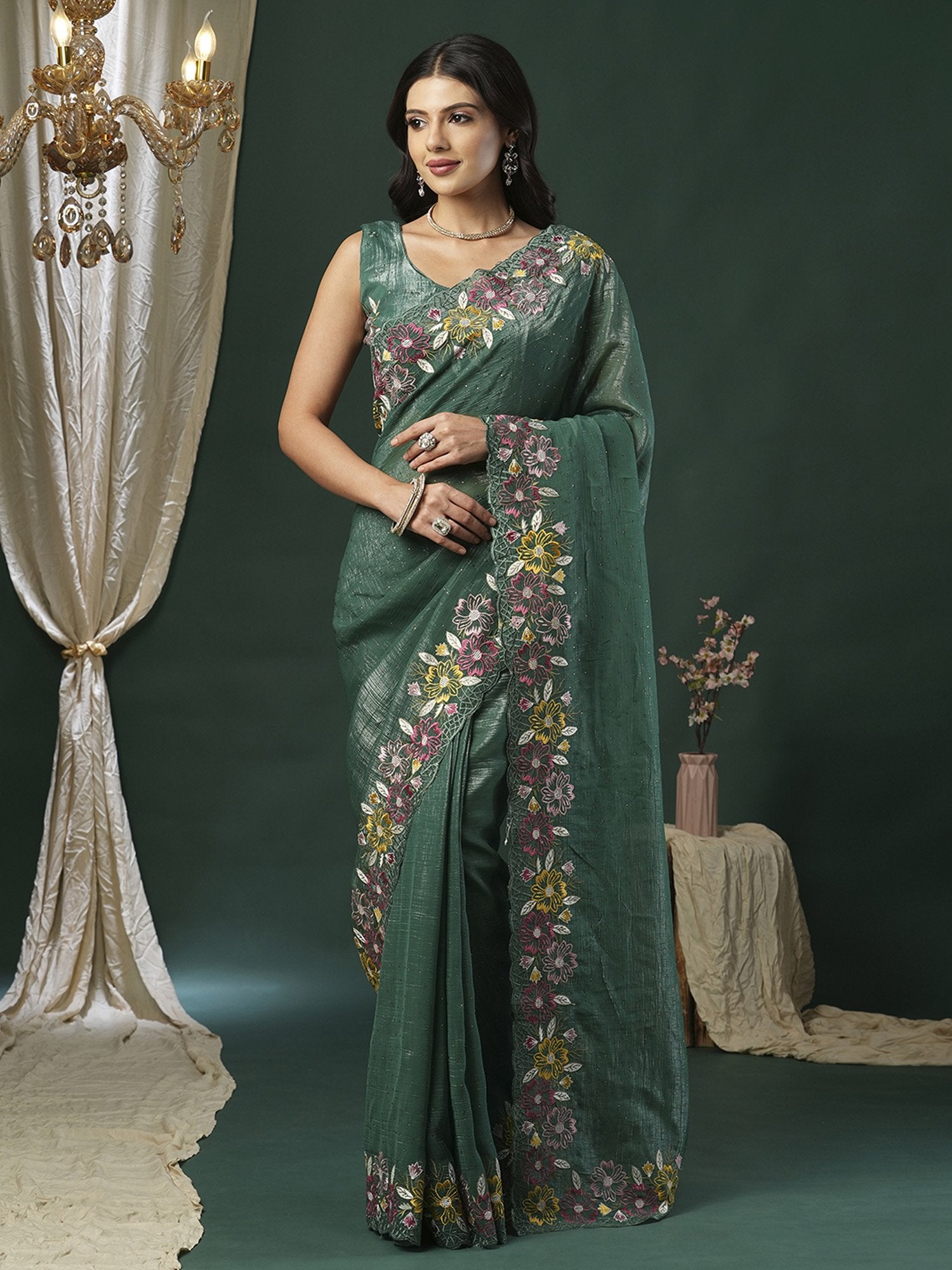 Sea Party Wear Paper Silk Embroidered Saree
