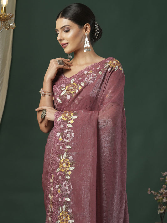 Pink Mauve Party Wear Paper Silk Embroidered Saree
