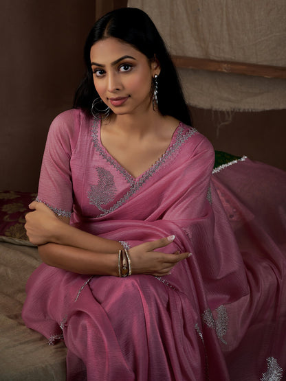 Pink Party Wear Pure Silk Embellished Saree