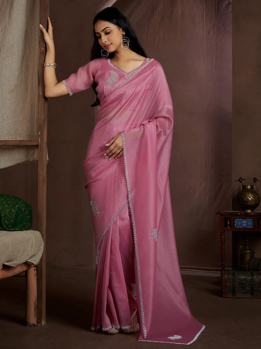 Pink Pink Party Wear Pure Silk Embellished Saree