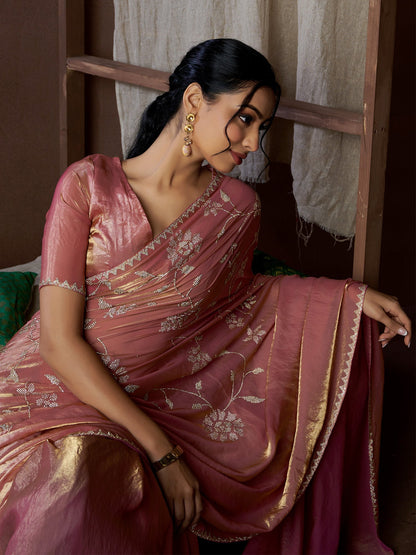 Pink Party Wear Pure Silk Embellished Saree