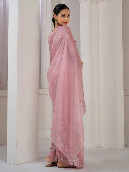 Pink Party Wear Organza Embellished Saree