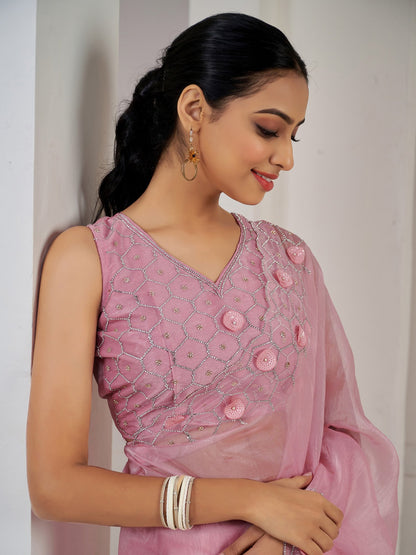 Pink Party Wear Organza Embellished Saree