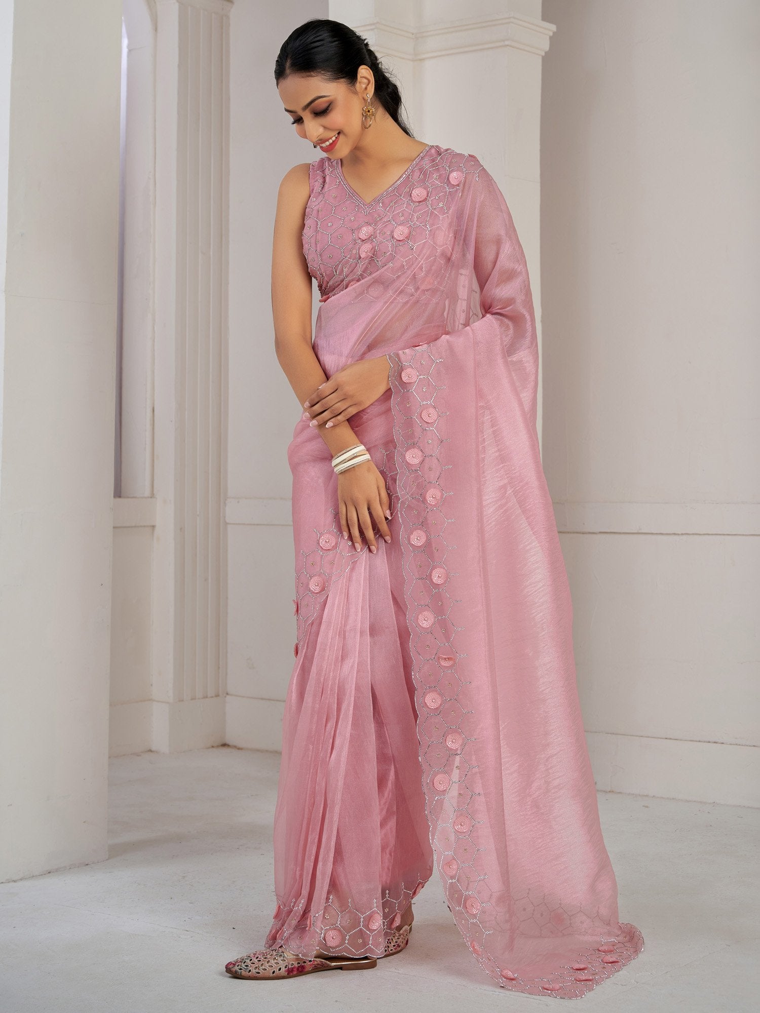 Pink Pink Party Wear Organza Embellished Saree