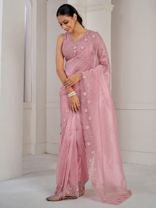 Pink Pink Party Wear Organza Embellished Saree