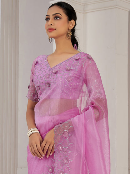 Pink Party Wear Organza Embellished Saree