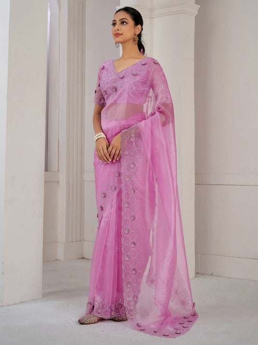 Pink Pink Party Wear Organza Embellished Saree