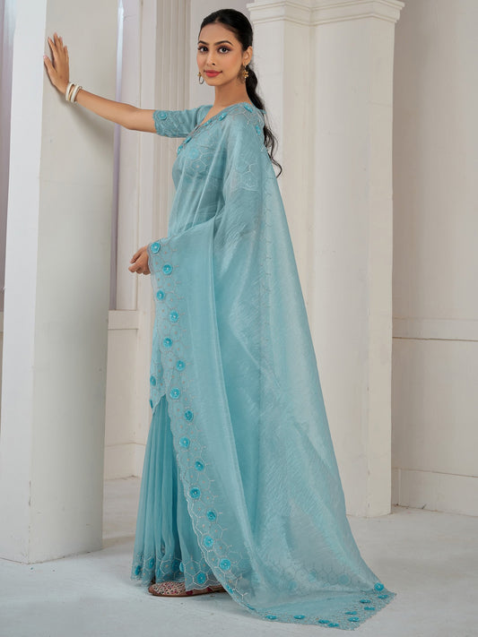 Blue Light Party Wear Organza Embellished Saree