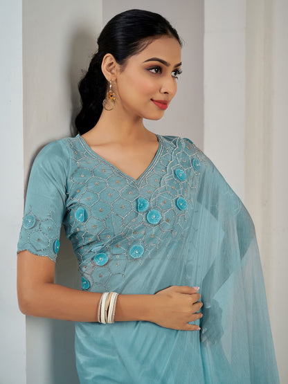Light Party Wear Organza Embellished Saree