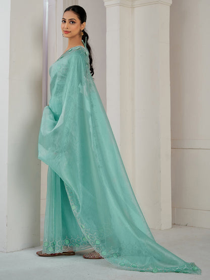 Sea Party Wear Organza Embellished Saree