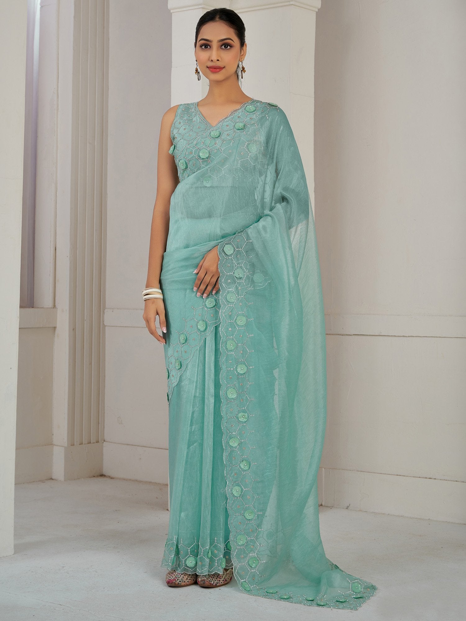 Green Sea Party Wear Organza Embellished Saree