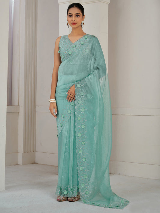 Green Sea Party Wear Organza Embellished Saree