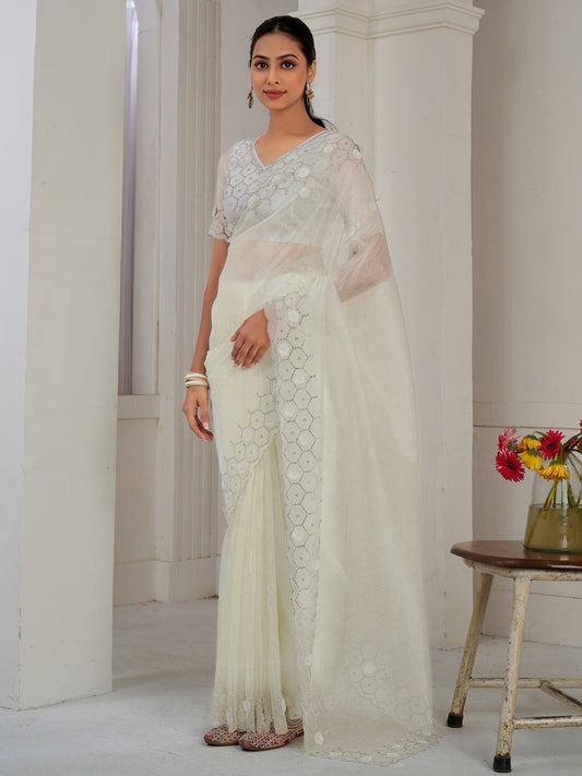 White Off Party Wear Organza Embellished Saree
