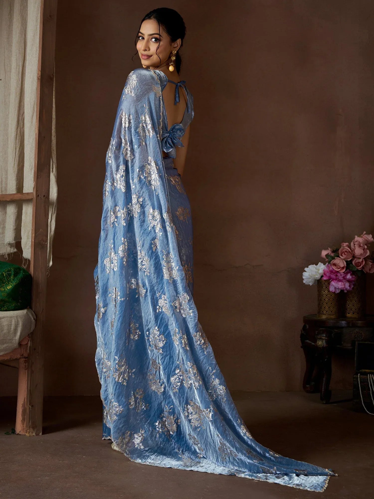 Blue Party Wear Pure Silk Printed Saree - The Dori Store