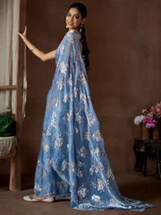Blue Party Wear Pure Silk Printed Saree - The Dori Store