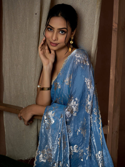 Blue Party Wear Pure Silk Printed Saree