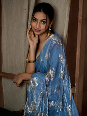 Blue Party Wear Pure Silk Printed Saree - The Dori Store