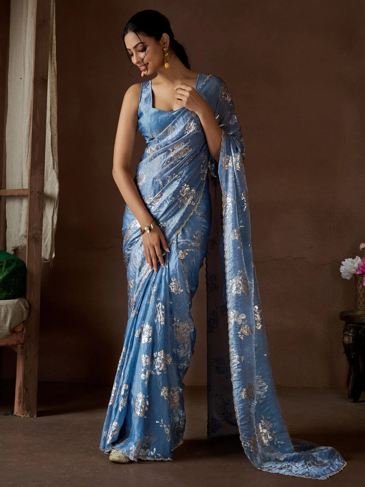 Blue Party Wear Pure Silk Printed Saree - The Dori Store