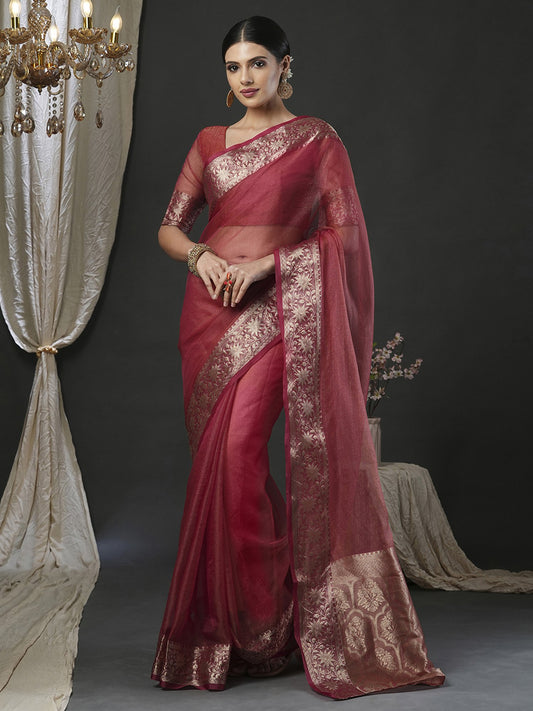 Maroon  Rust Banarasi Organza Woven Saree