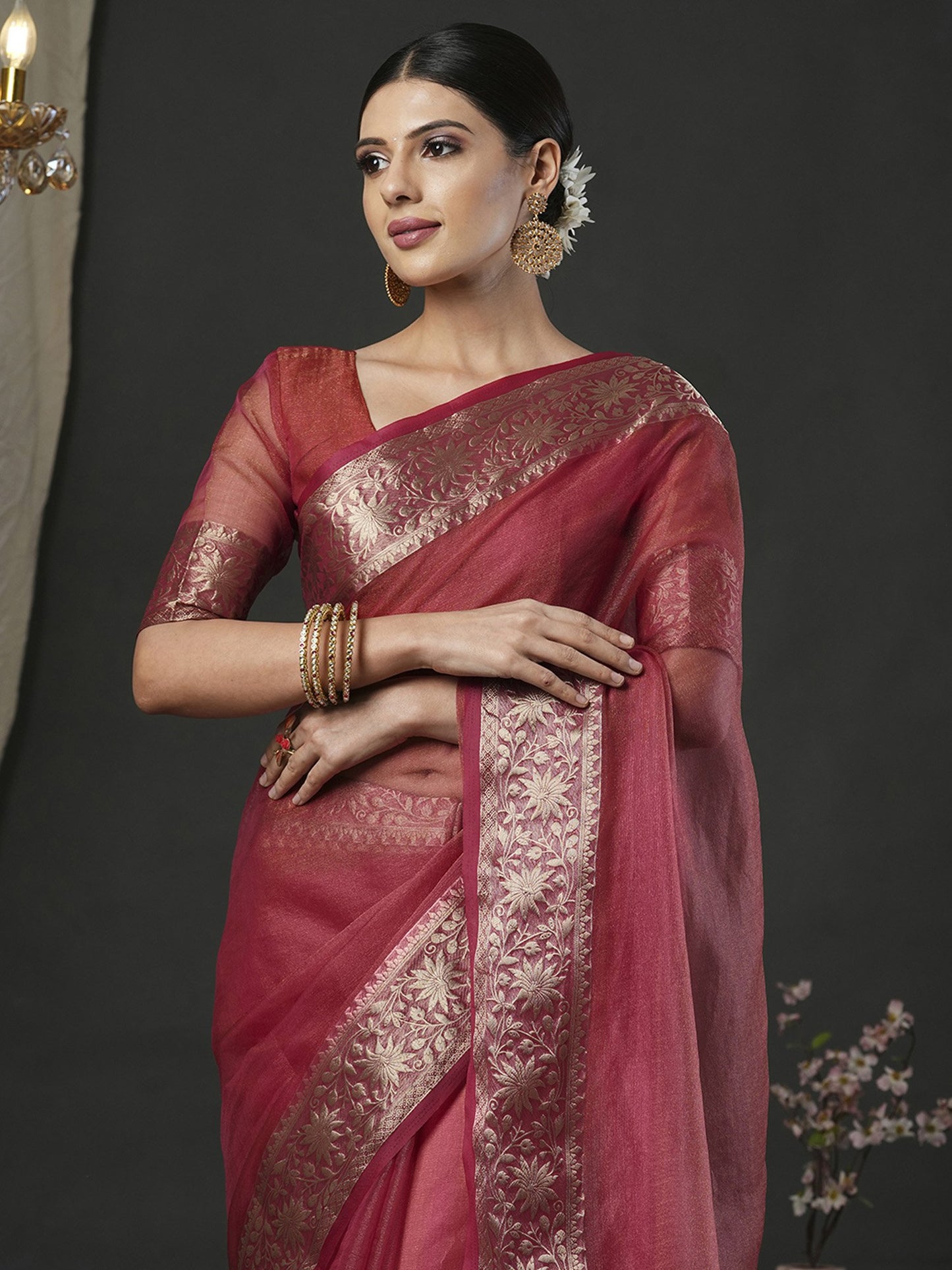 Rust Banarasi Organza Woven Saree