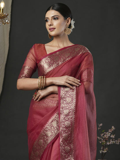 Rust Banarasi Organza Woven Saree