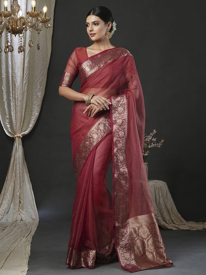 Rust Banarasi Organza Woven Saree