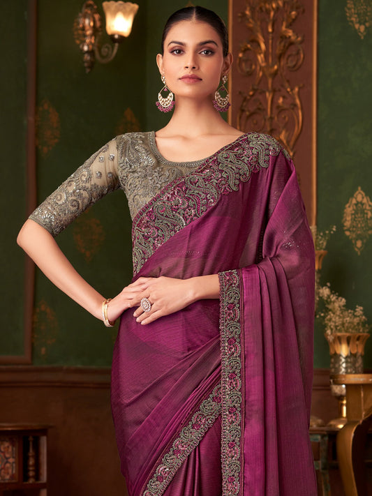 Magenta Party Wear Chiffon Embellished Saree