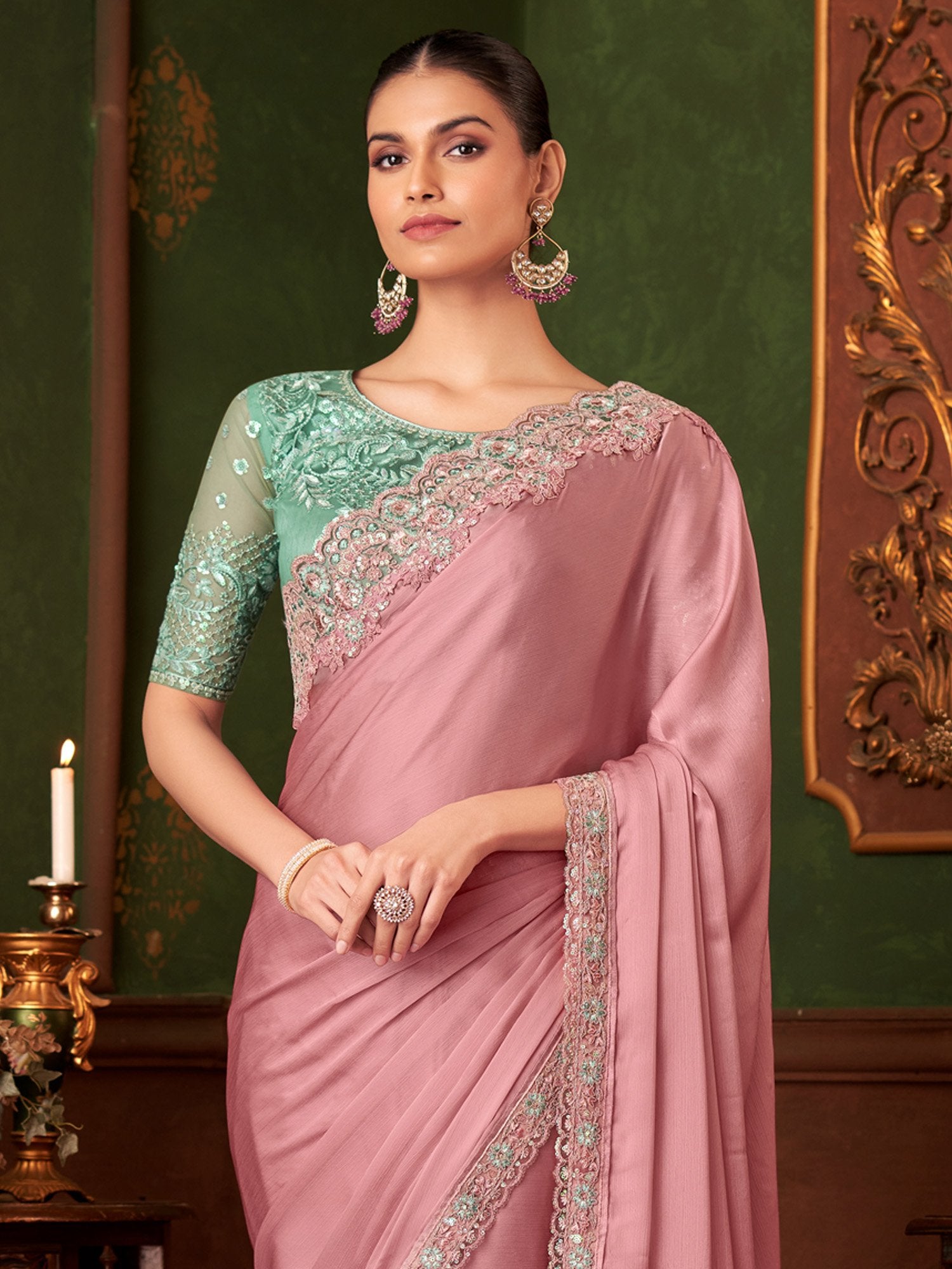 Mauve Party Wear Chiffon Embellished Saree