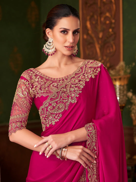 Pink Pink Party Wear Satin Silk Embellished Saree