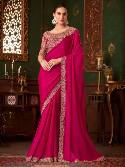 Pink Party Wear Satin Silk Embellished Saree