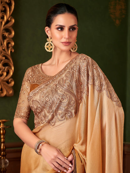 Golden  Beige Party Wear Chiffon Embellished Saree