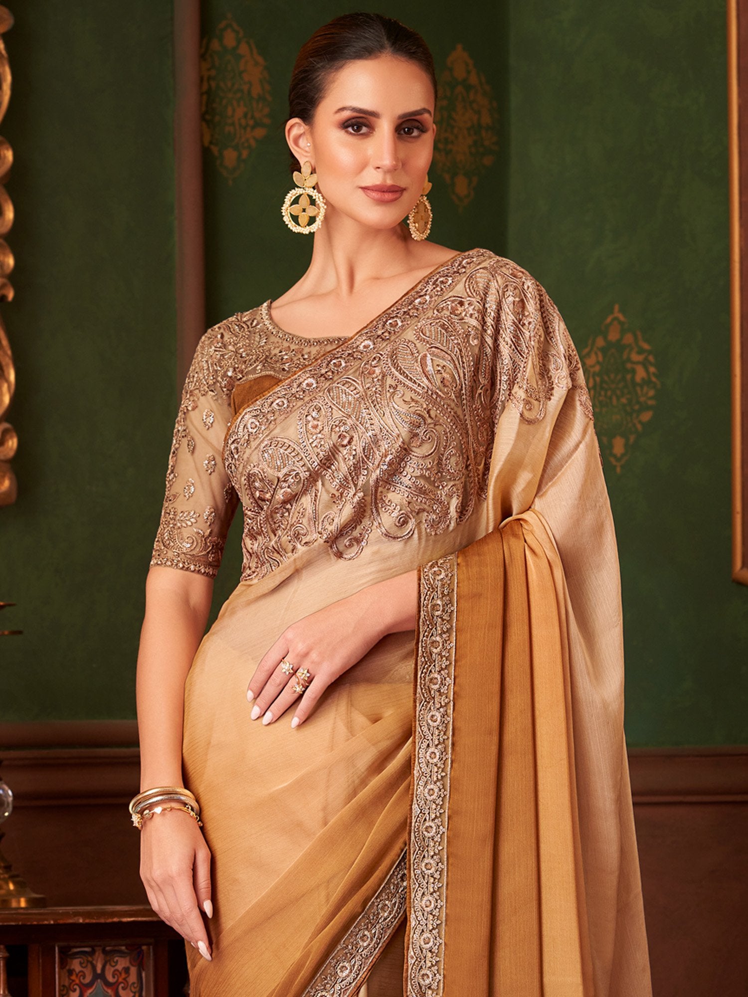Beige Party Wear Chiffon Embellished Saree