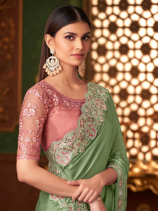 Green Light Party Wear Satin Silk Embellished Saree